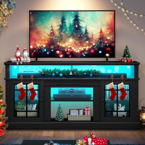 YITAHOME Black TV Stand for 75 Inch TV, LED Modern Entertainment Center with Adjustable Shelves and...