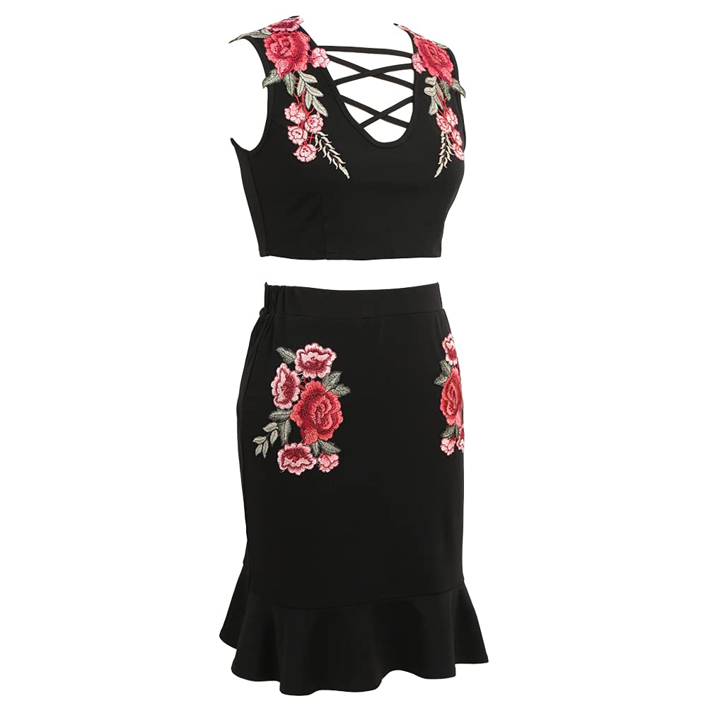 homgee Women Sleeveless Crop Top Skirt Set Floral Embroidered Hollow Out Lace-up Front Ruffles Casual Two Pieces-picture-17