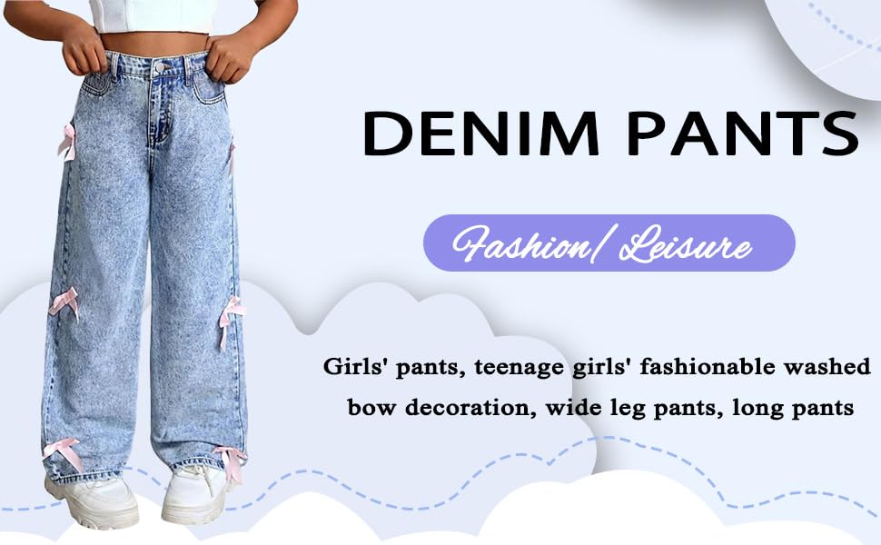 Bow Jeans for Girls，Wide Leg Kids Baggy Flare Denim Pants Y2k High Waist Denim Pants4
