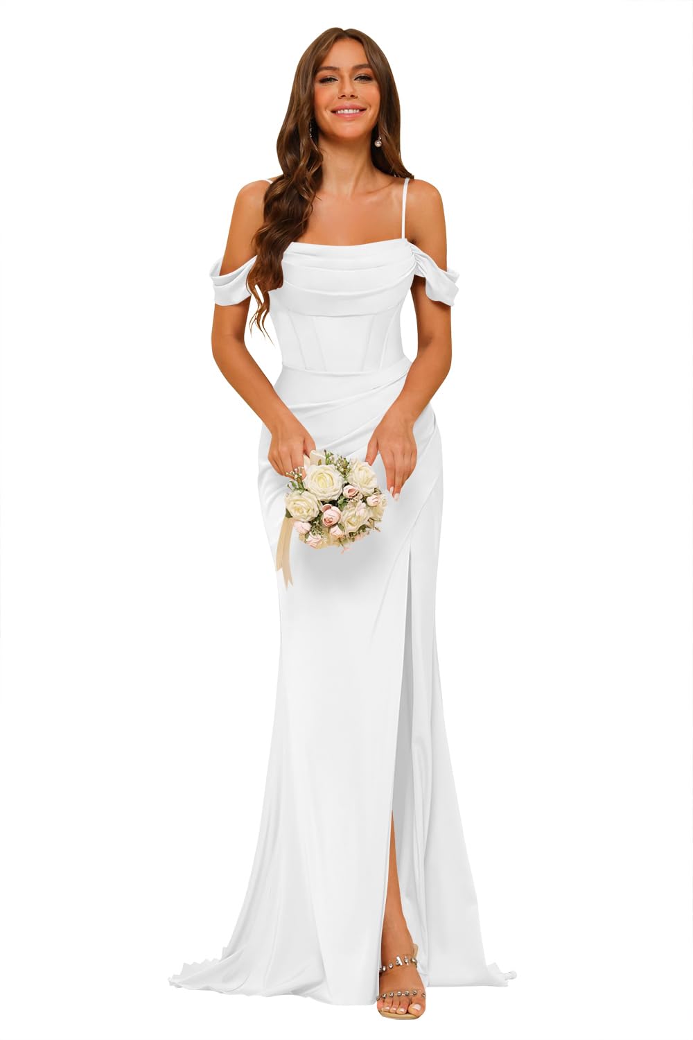 Clothfun Off The Shoulder Cowl Neck Satin Bridesmaid Dresses Long Corset Fall Prom Dresses CYN006