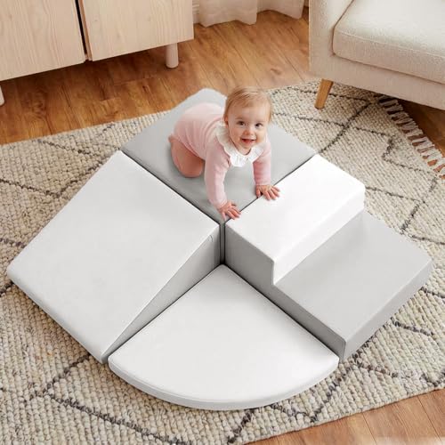 Image of little dove 4-Piece Set Climbing Toys for Toddlers 1-3, Baby Foam Climbing Blocks for Toddlers, Soft Play Toddler Climbing Toys Indoor for Crawling Climbing and Sliding, Foam Play Gym, Gray & White