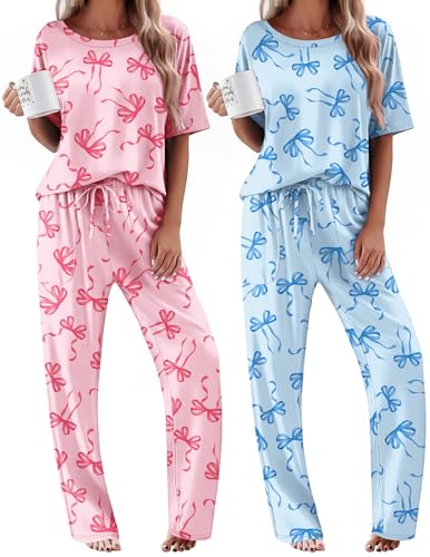 Image of Ekouaer 2 Pack Womens Pajamas Sets Short Sleeve Long Pants Pjs Lounge Set