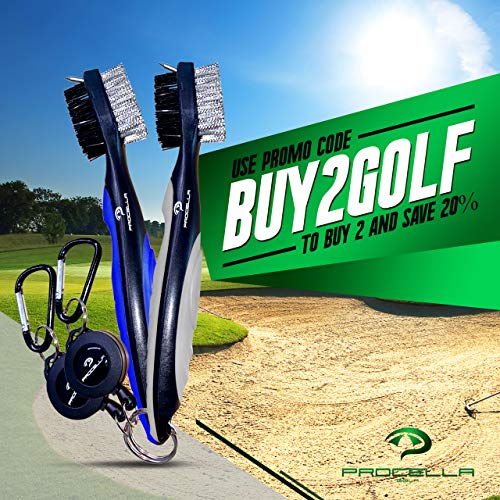 Procella Golf Club Brush and Groove Cleaner, 2 Ft Retractable Zip-line and Aluminum Carabiner, Golf Club Cleaner for Irons & Woods, Nylon & Wire Golf Club Cleaning Brush, Easily Attaches to Golf Bag