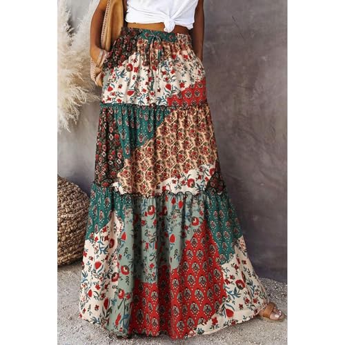 Boho Maxi Skirts for Women Casual High Waisted Tiered A Line Skirt Pleated Ruffle Hem Flowy Long Skirts with Pockets3