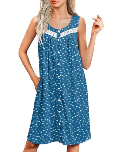 Image of Ekouaer Nightgowns for Women Button Up Sleepshirt Tank Sleeveless Nightshirt Soft Sleepwear with Pockets S-XXXL