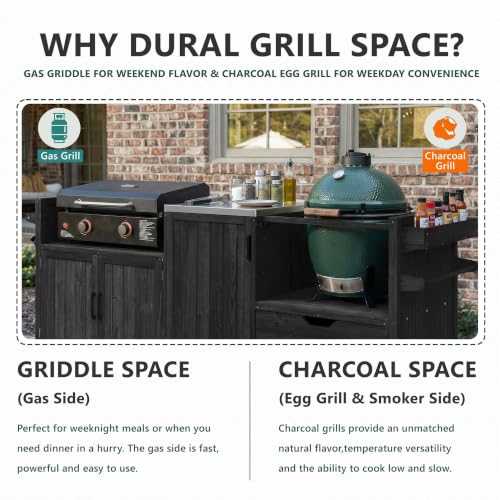 Image of Merax 80.5 inch Outdoor Kitchen Island for Big Green Egg& Blackstone Griddle, Solid Wood Grill Cart Table with Stainless Steel Top, Drawer for Large Big Green Egg and 21 inch /28 inch Blackstone Griddle, Black