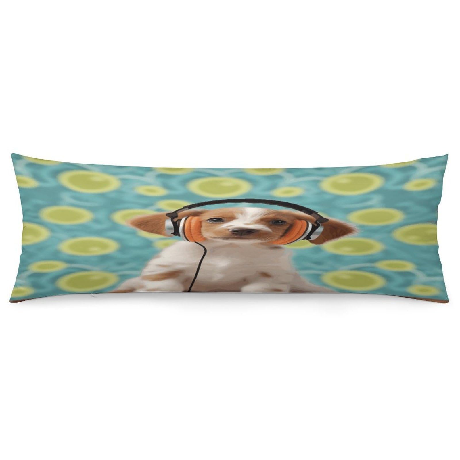 Puppy with Headphones Body Pillow Cover Luxury Long Body Pillow Pillowcase with Hidden Zipper Breathable Soft Cozy Pillow Case Wrinkle Fade Resistant Pillowcase 20''×54''