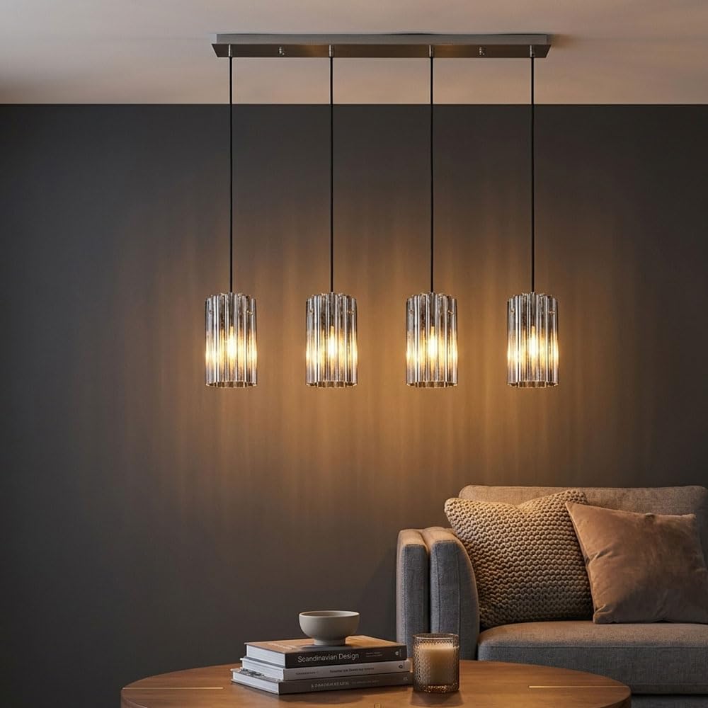 Pendelleuchte Hängeleuchte Glas silber Esszimmerlampe 4-Flammig, Metall, 4x E27 Fassungen, LxBxH: 80x11,5x120 cm