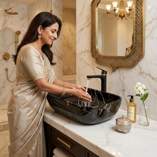 Image of Ceramic Tabletop Wash Basin - Glossy Rectangular Countertop Vessel Sink with Marble Finish for Bathroom & Vanity | Compact 18 x 13 x 5 Inch | Elegant Washbasin