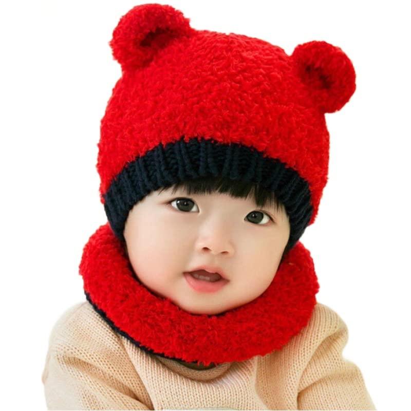 BRATS N BEAUTYLogo Cute Lovely Beanie Cap/Newborn Baby Kids Girls Boys Winter Warm Knit Hat Scarf Set/Funny Double Balls Pompom Solid Color Gifts Cap - Red