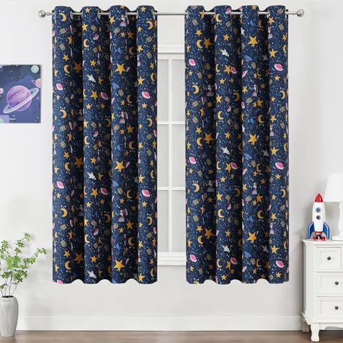 Image of Navy Blue Star Moon Theme Blackout Curtains 63 Inches Long for Boys Bedroom