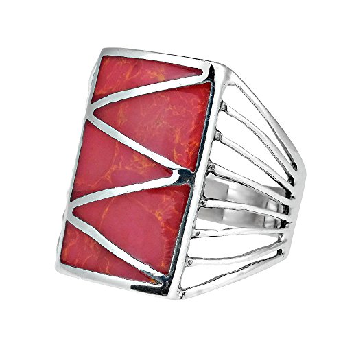 AeraVida Stripe Line Zig-Zag Reconstructed Red Coral .925 Sterling Silver Ring | Classic Wedding Rings For Women | Vintage Comfort Fit Silver Rings for Women | Gift for Women | Sterling Silver Rings Sizes (6-10)2