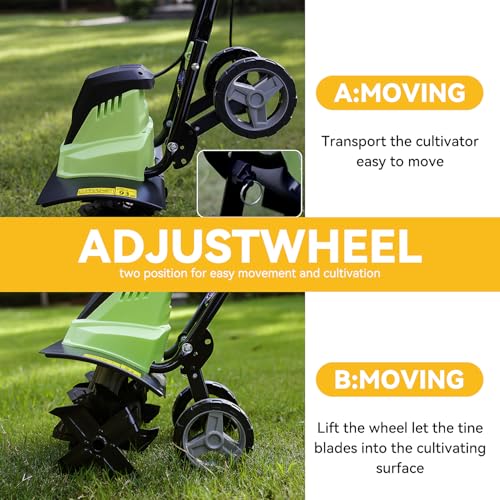 PHIWOS 1500W Electric Garden Tiller with 2 Wheels and 10M Power Cable - Image 4