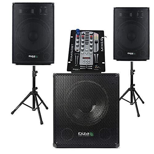 IBIZA Sound Light - Table de Mixage Bluetooth USB DJM150 - Caisson de Basses Amplifiés 800W - 2 Enceintes 600W Total - 2 Pieds - Câbles Offerts - Pack DJ...