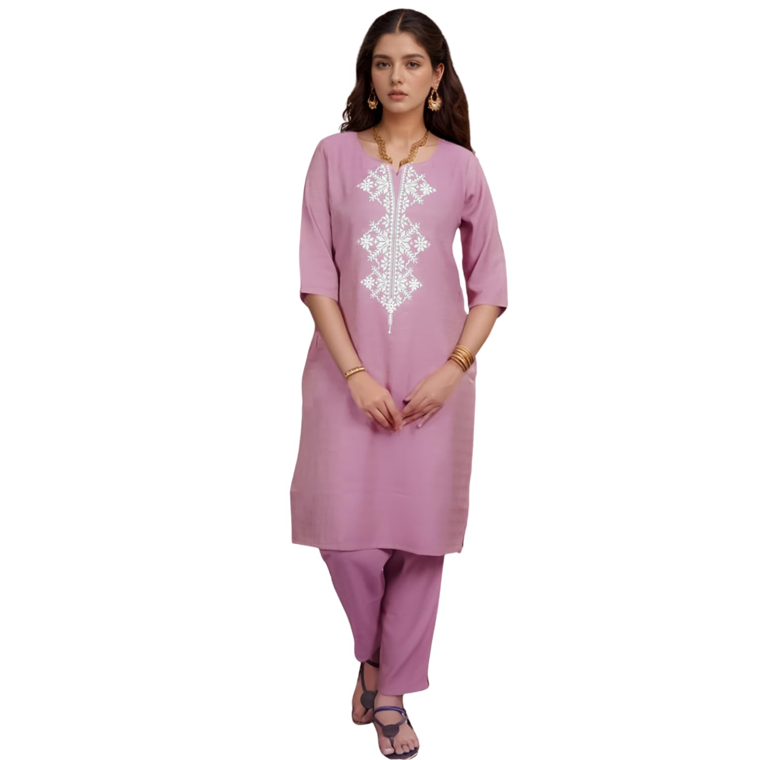 Shienzy Women's Cotton Blend Emroidered Kurta Pant Set | Ethnic Wear For Festive & Casual | Stylish Straight Fit | Elegant Indian Outfit (1662_Pnk_Xl) Pink