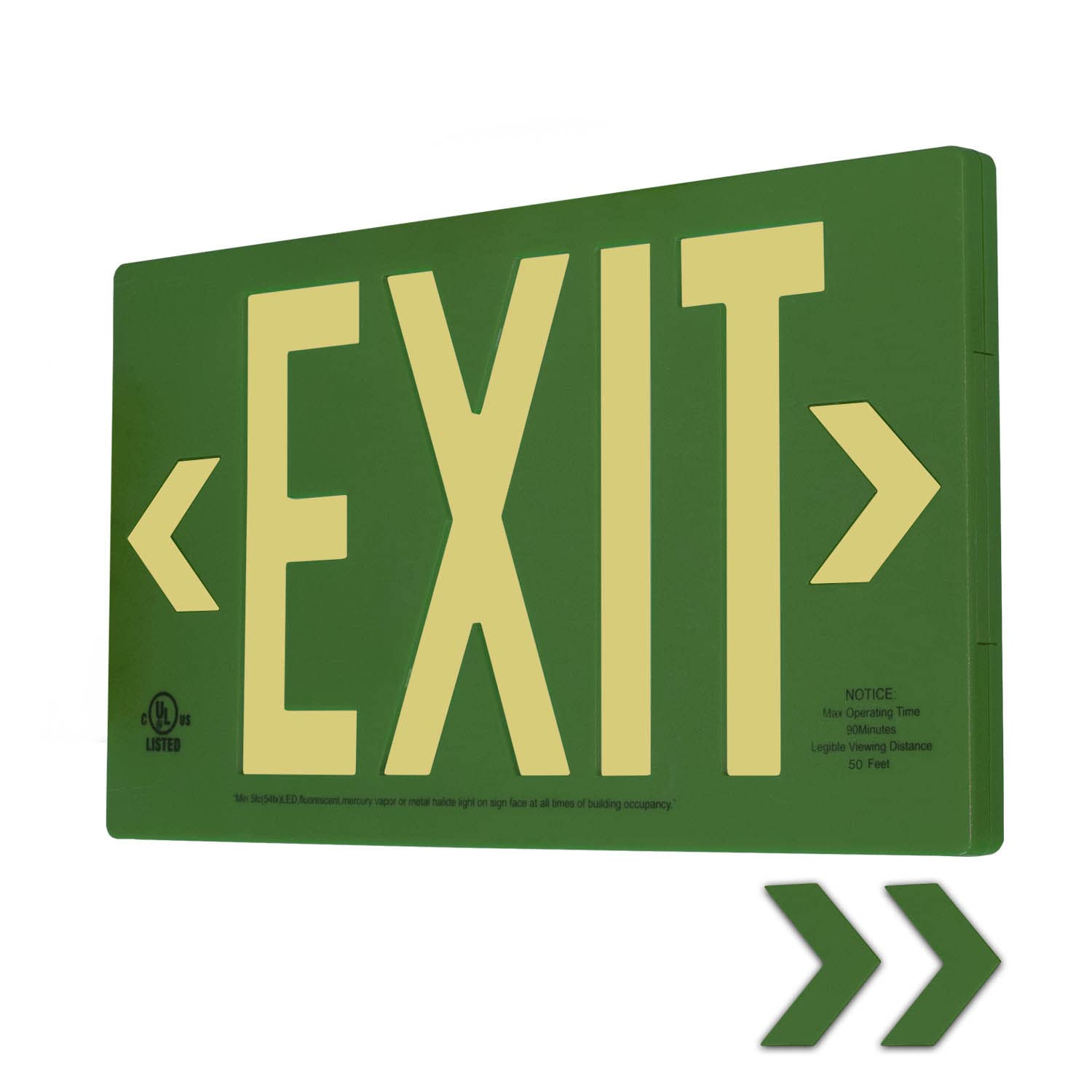 LFI Lights® UL 924 Listed 50’ Photoluminescent Exit Sign, Green Thermoplastic Housing, Single Sided, Wall, Ceiling or Side Mount, Optional Arrows,
