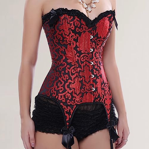 Dingang Red Lace Up Boned Corset Bustier Lingerie Top With Garters Plus Size #TOP6