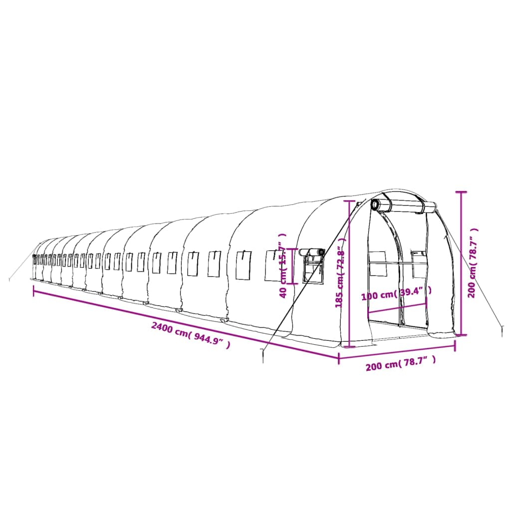 Szklarnia ze stalową ramą, zielona, tunel foliowy 24 x 2 x 2 m, 48 m², szklarnia z folią PE, szklarnia na pomidory, inspekt, domek dla roślin, wentylacja, ochrona przed mrozem, ochrona przed