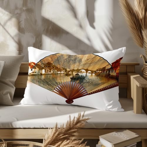 CEVAN Rectangular Funda De Almohada Niña Jardin Exterior Seda Pintura Paisaje con Tinta Estilo Chino, Pequeña Fundas Individual 40x60cm