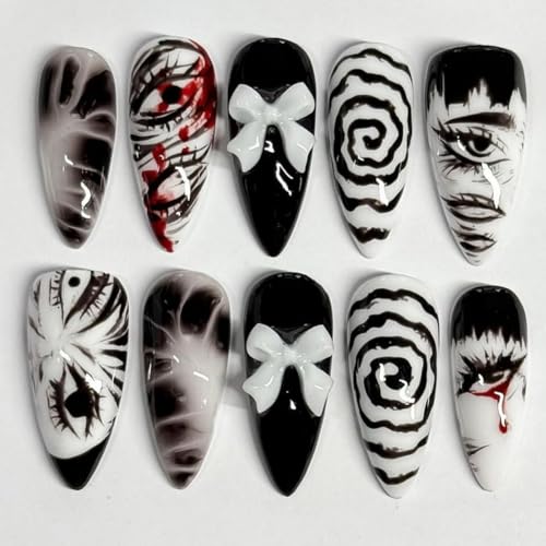 30Pcs Gothic Press on Nails Medium Almond Fake Nails Punk Cartoon Anime with Cute Bow Design Black White Full Cover Glue on Nails Horror Goth Designs Y2k False Nails for Women Acrylic Manicure Decor