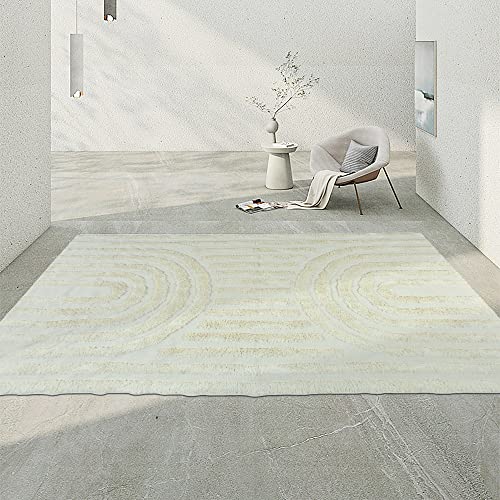 Boho Area Rug 5'X8' Tufted Cotton Rainbow Accent Rug Hand Woven Living Room Rug Farmhouse Tribal Floor Carpet For Entryway Bedroom Kitchen,Beige #TOP4