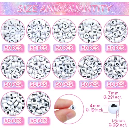 Image of Amaney 600pcs White Acrylic Number Beads 0-9 Symbol # Heart with Storage Box 7x4mm