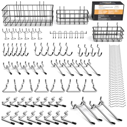 INCLY 1/4“ Extra Thick Pegboard Accessories Kit, 100PCS Heavy Duty Metal Peg Board Hook Assortment...