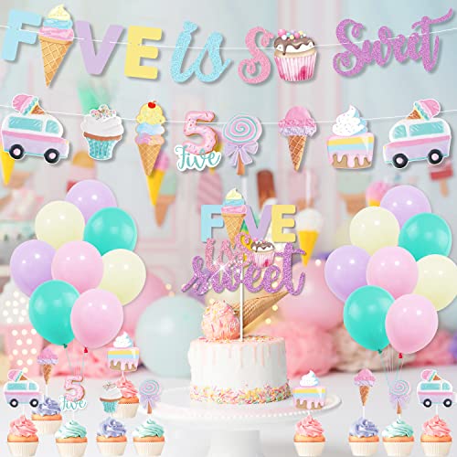 Ice Cream 5Th Birthday Party Decorations, Five Is So Sweet Party Banner Cake Cupcake Toppers Macaron Balloon For Summer Girls Ice Cream 5Th Birthday Sweet Fifth Ice Cream Theme Birthday Party Supplies #TOP6