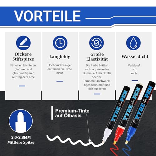 tlidfgeo 6 Stück Autoreifen Stift, 3 Farben Reifenmarker Hohe Kapazität Reifenstift, Wasserfest Autoreifen Marker, Reifen Lackstifte für Auto Motorrad Reifen