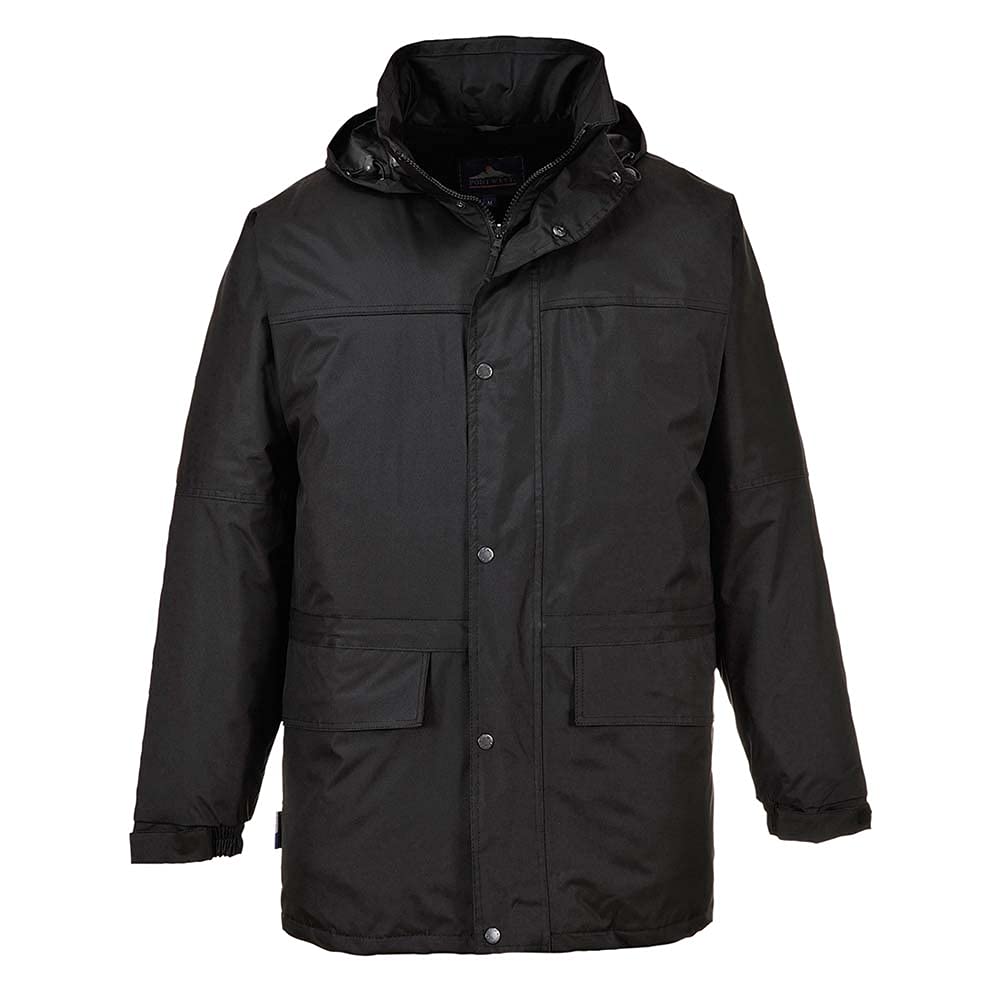 Portwest S523 Kurtka robocza Oban Chowany Kaptur Wiele Kieszeni Poliester | Czarny, 3XL, EN 343 Klasa 3:1, EN 342, Krój Standardowy, Długi Rękaw, Klejone Szwy, Elastyczna Talia, Regulowane Mankiety