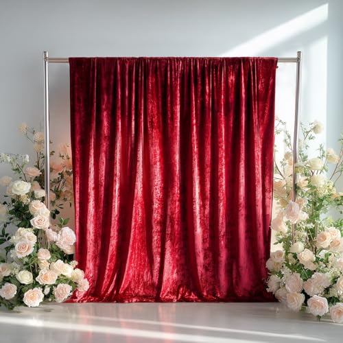 Efavormart 5ft x 10ft Red Crushed Velvet Backdrop Curtain Passionate Shimmering Stage Drape with Rod Pocket for Grand Openings and Holiday Galas