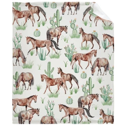 Desert Wild Horses Cactus Blanket Gifts Super Soft Lightweight Flannel Blankets Throw for Kids, Adult, Suitable for Couch, Sofa, Bed, Camping, Travel All Seasons 90