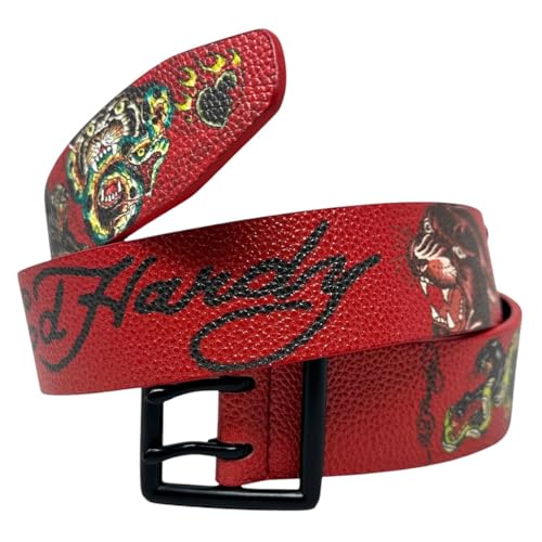 ED HARDY Men's 38mm Riveted Panther & Snake Print Studded Dual Prong Buckle Belt (Red, 40)