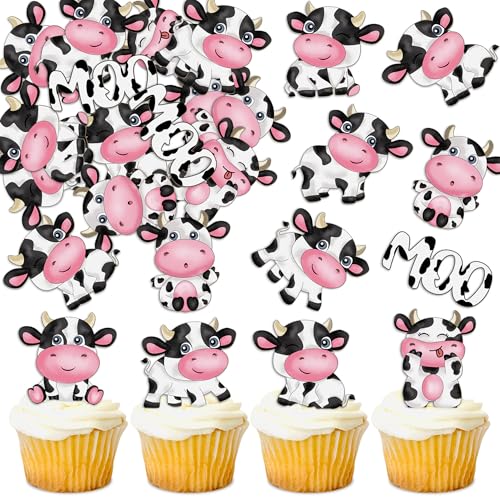 Cyodoos 40Pcs Edible cow Cupcake Toppers Wafer Paper Farm Animals Moo Cupcake Cow Drink Topper Picks Cow Theme Kids Birthday Party Cake Decorations Supplies