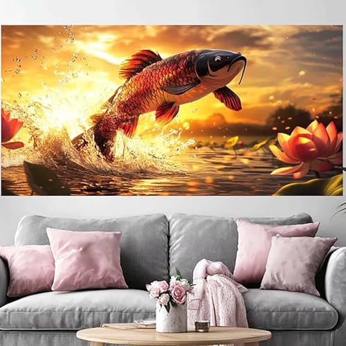 Diamond painting adulte coucher de soleil poisson : grand format DIY 100x200 cm