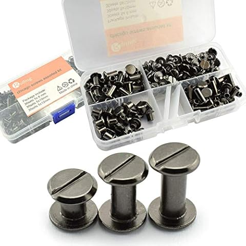 RuiLing 90 Sets Black Chicago Screws Assorted Kit Screw Posts Metal Accessories Nail Rivet Chicago Button for DIY Leather Decoration Bookbinding Slotted Flat Head Stud Screw M5x6/10/12mm Cover
