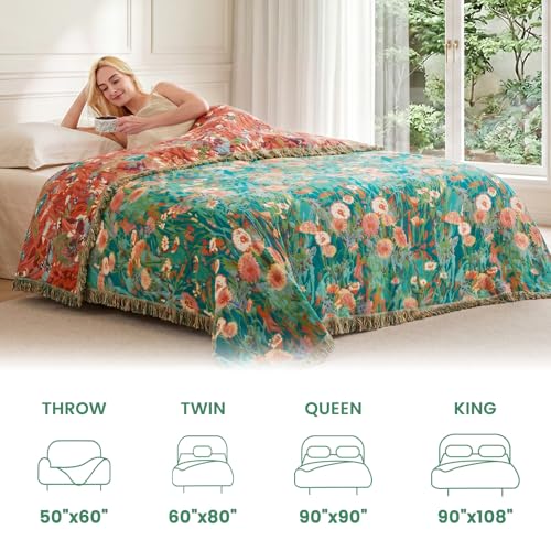 Image of MSGKV Boho Throw Blanket 60 inchx80 inch 100% Cotton Floral Blanket for Couch Sofa