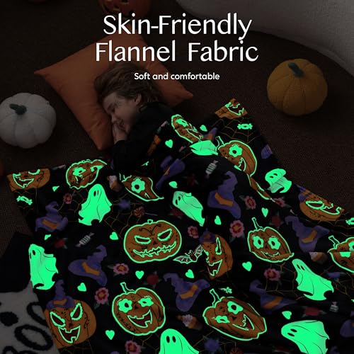 Joiedomi Halloween Blanket Soft Flannel Fleece Throw Blanket Glow in The Dark Halloween Pumpkin Ghost Bat for Kids Bed Living Room Gifts 50"×60"