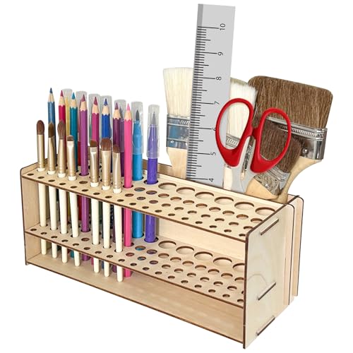 HESHUYU Wooden Paint Brush Holder with Glue 67 Hole and Large Tool Compartment Paint Brush Organizer Desk Paintbrush Holder Stand Wood Paintbrush Rack