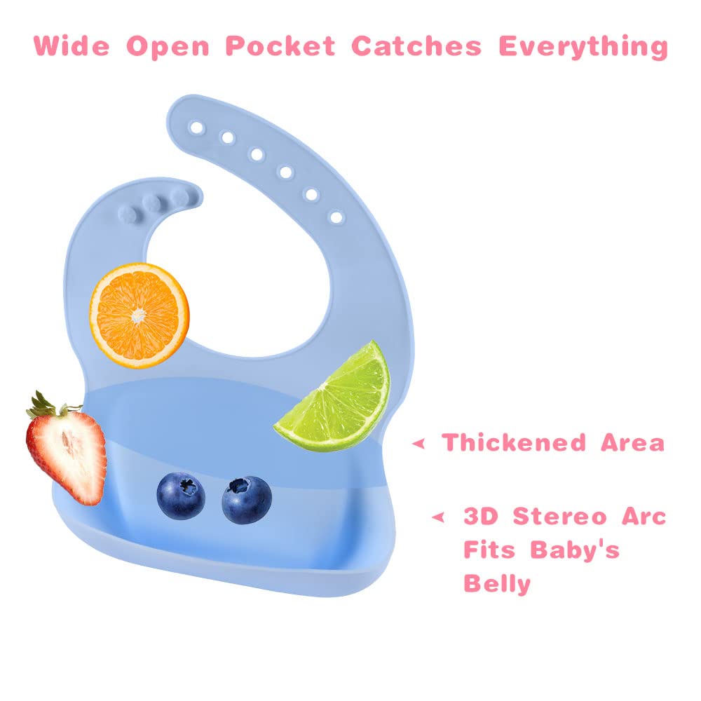 Vicloon Bavaglini Silicone, 2 Pezzi 3D Bavaglino Silicone Impermeabile Senza BPA, Bavaglini Pappa Svezzamento con Tasca Raccoglipappa, 6 Misure Regolabili, per Bambini e Neonati, Blu e Verde