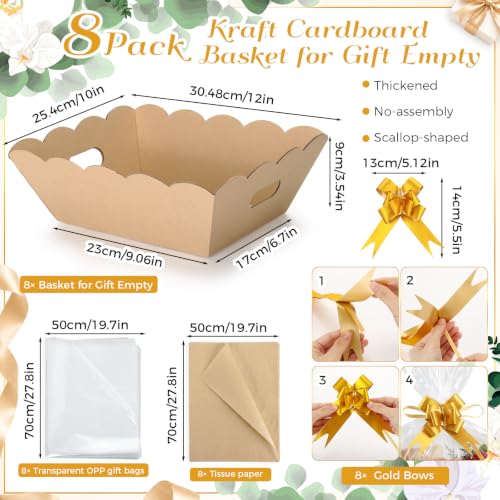 Image of Fuyoooo 8 Pack Kraft Baskets for Gifts Empty to Fill, Sturdy 10 inch x 12 inch Scalloped Edged Empty Gift Basket Kit Bulk with Handles, 8 Wrap Bags, 16 Tissue Paper and 8 Bows for Wedding Party