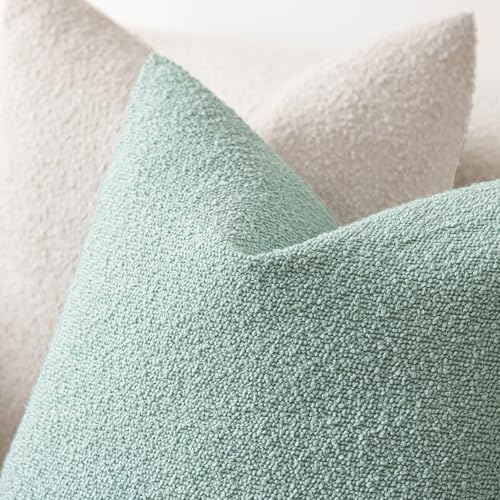 Image of Foindtower Pack of 2, Decorative Textured Boucle Throw Pillow Covers Neutral Accent Solid Pillow Cases Cozy Soft Couch Cushion Case for Chair Sofa Bedroom Living Room Home Decor 22x22 Inch Aqua Blue