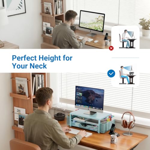 Image of OPNICE Desk Organizers and Accessories, Computer Monitor Stand Riser with Drawer and 2 Pen Holders, Printer & Laptop Stand, Office Desk Accessories & Workspace Organizers for Home Office Supplies, Soft Blue