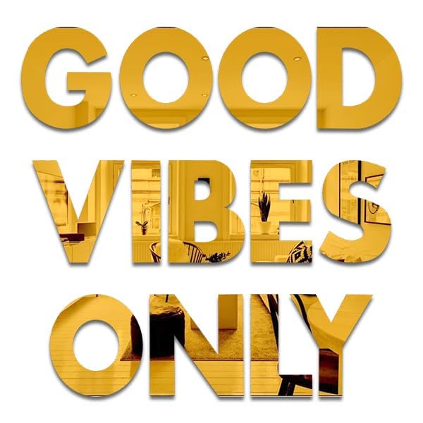 Image of Bikri Kendra - Good Vibes Only Golden Letter Mirror Sticker, Acrylic stikcer, Decorative Mirror Sticker for Wall, Bedroom, Hall, Living Room, Kitchen. (Gold Good)