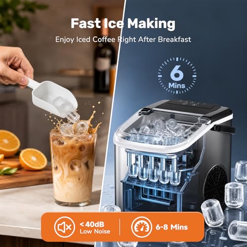 Image of Sweetcrispy Countertop Ice Maker with Scoop, Basket and Handle, Portable Ice Machine 9 Cubes Ready in 6 Mins, 26.5lbs in 24Hrs, 2 Sizes for Home Kitchen Office Bar Party