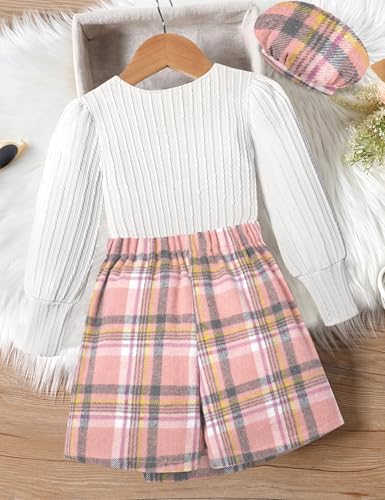 Image of AGAPENG Girl Skirt Sets 3 Piece Outfits Square Neck Jacquard Puff Sleeve Tops Plaid Mini Skirt Shorts Fall Winter Clothes