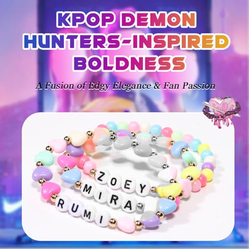 AICase for Kpop Demon Hunters Merch Rumi Zoey Mira Inspired Bracelets 3 Pcs Stackable Stretch Friendship Beaded Bracelets for Huntrix k pop Unique Merchandise Jewelry Gifts for Fans Women Men_12