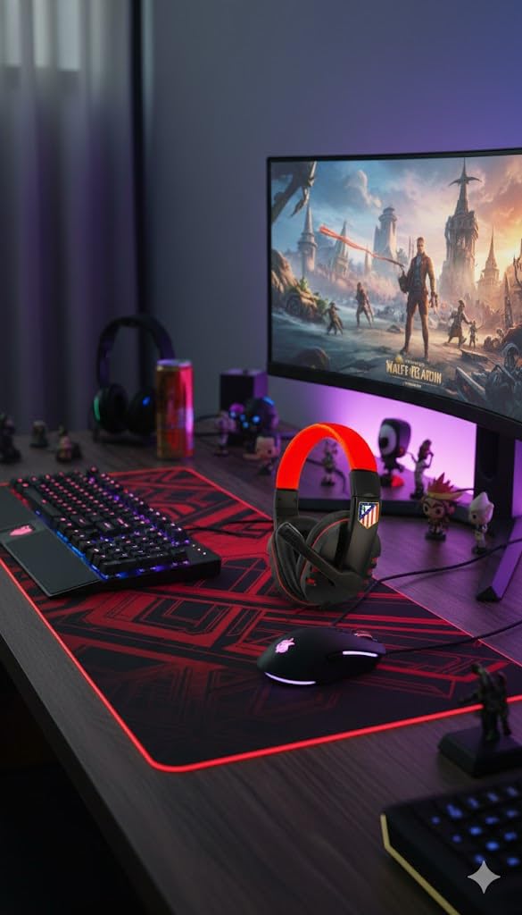 Auriculares Gaming Oficiales del Atlético de Madrid con Micrófono Ajustable y Sonido Envolvente