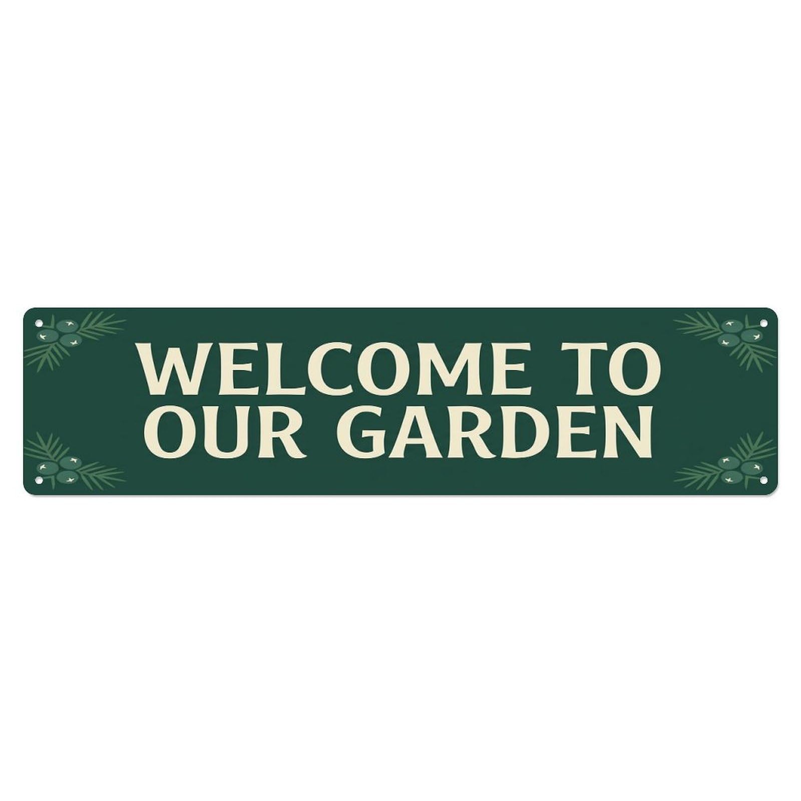 Vintage Welcome to Our Garden Juniper Green Metal Tin Sign