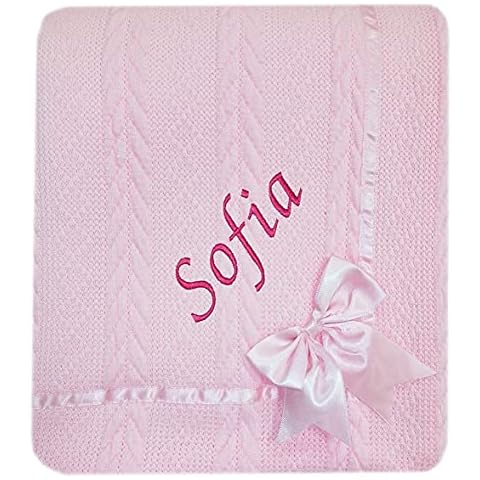 Kids Essentials Baby Boy Girl Personalised Knitted Bow Blanket Blue Pink White Grey (Pink Bow) Cover